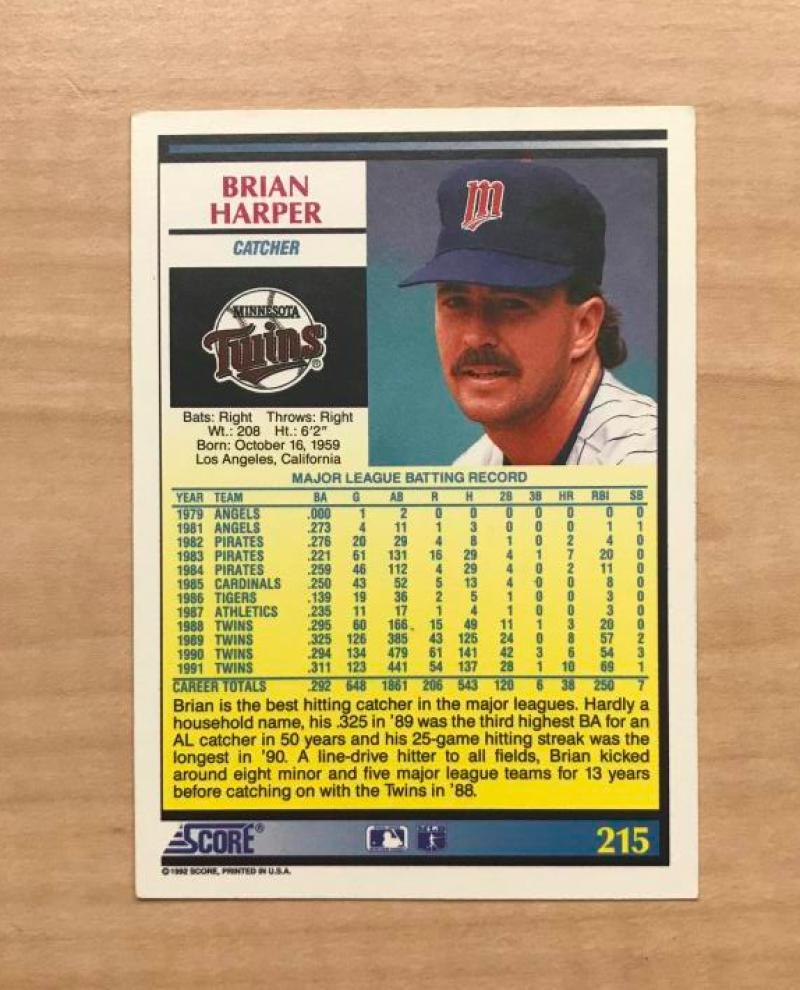 BRIAN HARPER MINNESOTA TWINS SIGNED AUTOGRAPHED 1992 SCORE CARD #215 W/COA