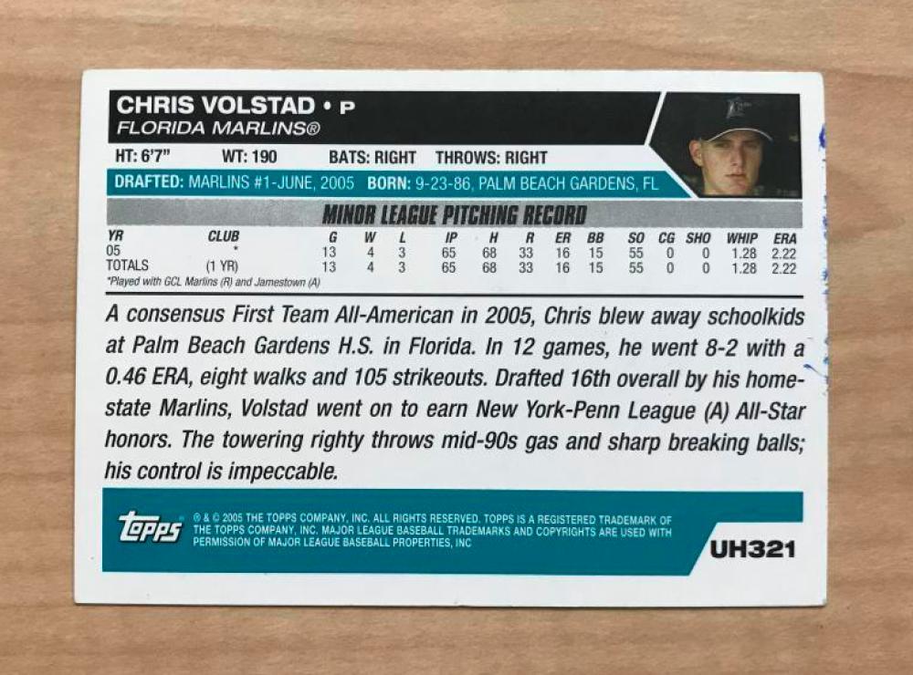 CHRIS VOLSTAD FLORIDA MARLINS SIGNED AUTOGRAPHED 2006 TOPPS CARD #UH321 W/COA 