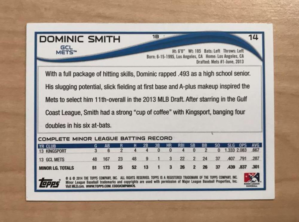 DOMINIC SMITH GCL METS SIGNED AUTOGRAPHED 2014 TOPPS CARD #14 W/COA