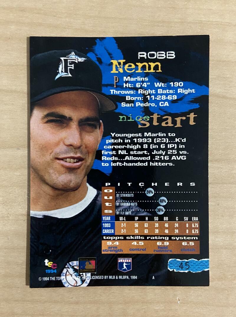 ROBB NEN FLORIDA MARLINS SIGNED AUTOGRAPHED 1994 TOPPS CARD #45 W/COA