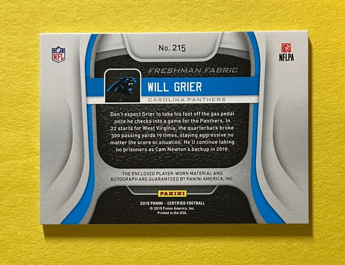 2019 PANINI CERTIFIED WILL GRIER ROOKIE PATCH AUTO SSP /5 #215 PANTHERS