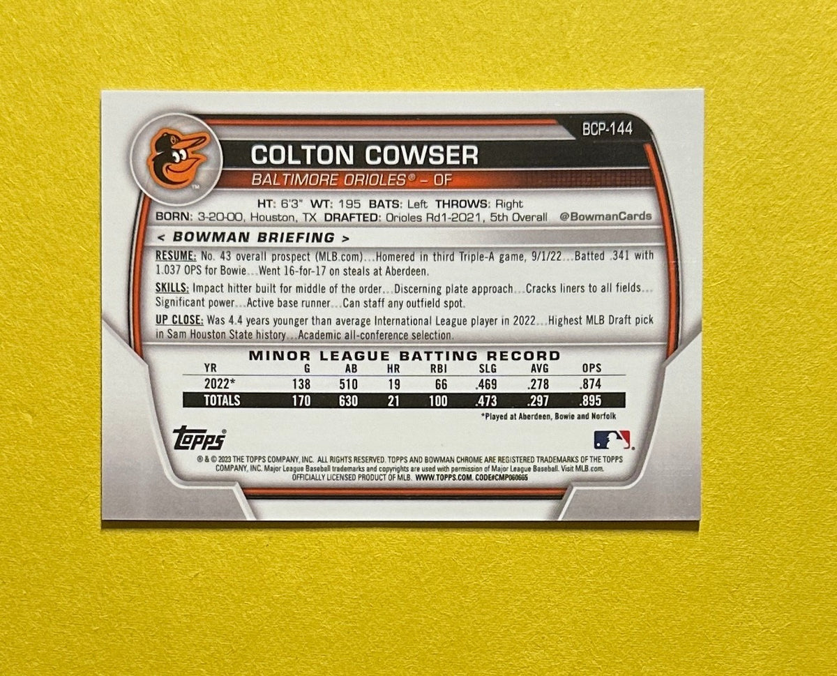 2023 BOWMAN CHROME COLTON COWSER BLUE RAY WAVE /150 #BCP-144 ORIOLES