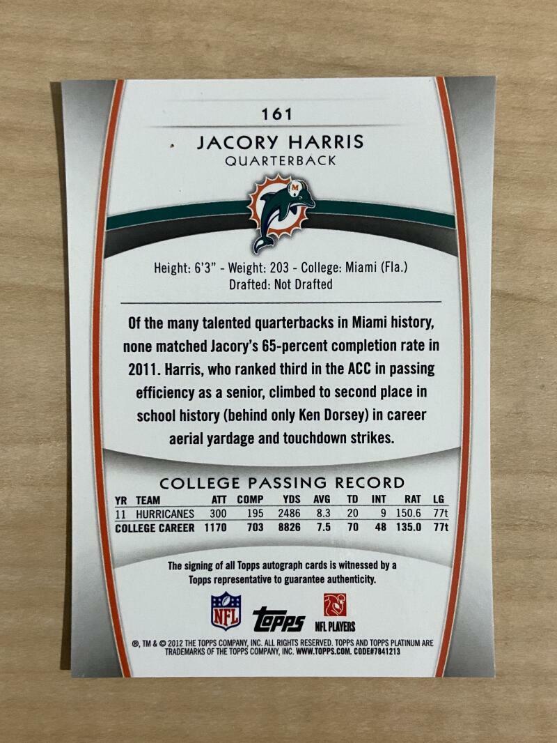 JACORY HARRIS MIAMI DOLPHINS SIGNED AUTOGRAPHED 2012 TOPPS PLATINUM CARD #161