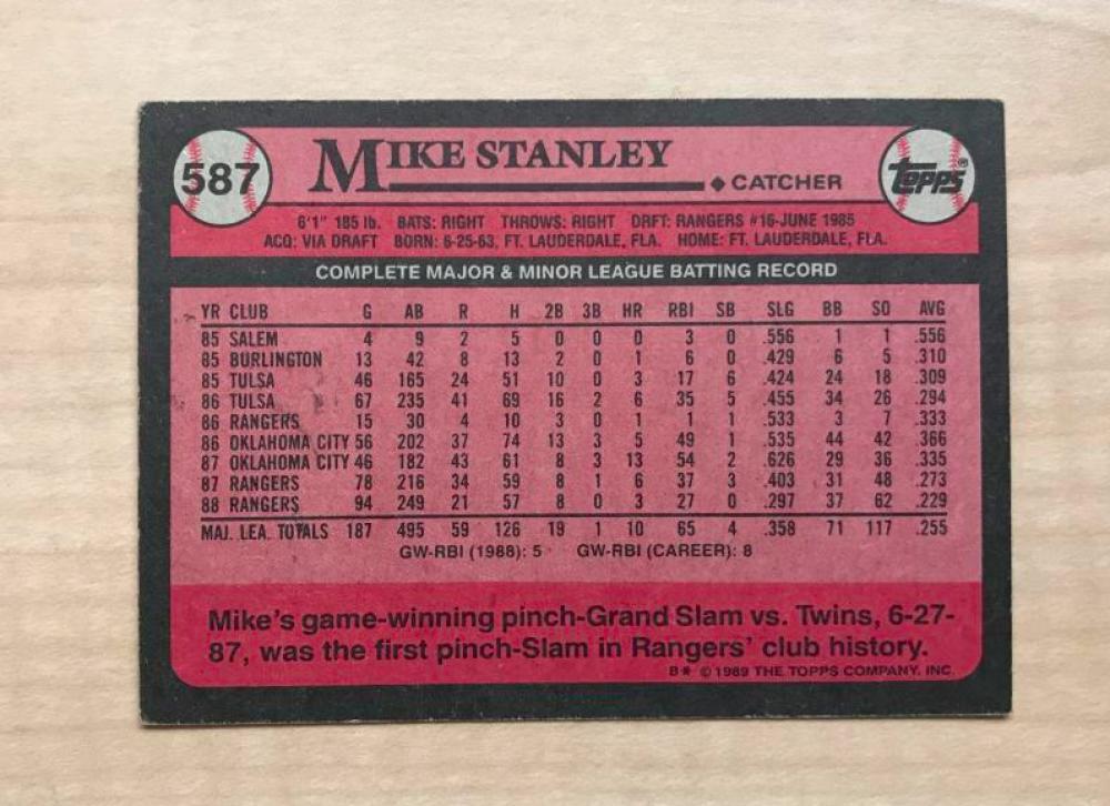 MIKE STANLEY TEXAS RANGERS SIGNED AUTOGRAPHED 1989 TOPPS CARD #587 W/COA