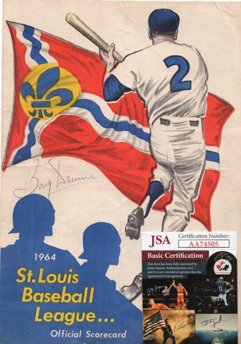 BING DEVINE 1964 ST. LOUIS SCORECARD SIGNED RARE W/ JSA AA74505
