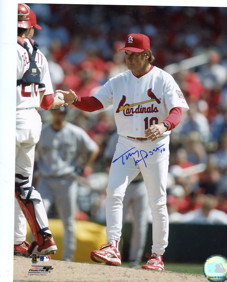 TONY  LARUSSA   ON MOUND    ST LOUIS CARDINALS   SIGNED AUTOGRAPHED 8X10 PHOTO 