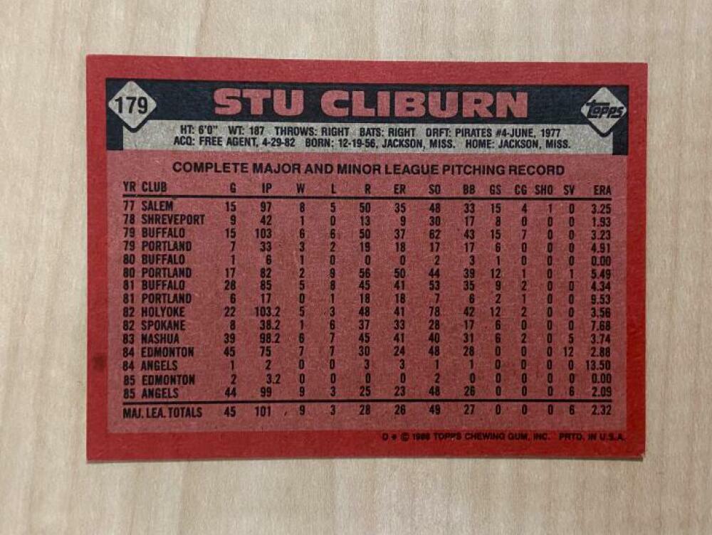 STU CLIBURN CALIFORNIA ANGELS SIGNED AUTOGRAPHED 1986 TOPPS CARD #179 W/COA