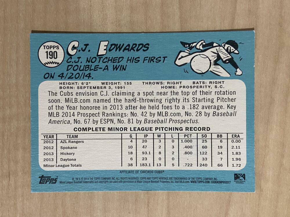 C.J. EDWARDS TENNESSEE SMOKIES SIGNED AUTOGRAPHED 2014 TOPPS CARD #190 W/COA