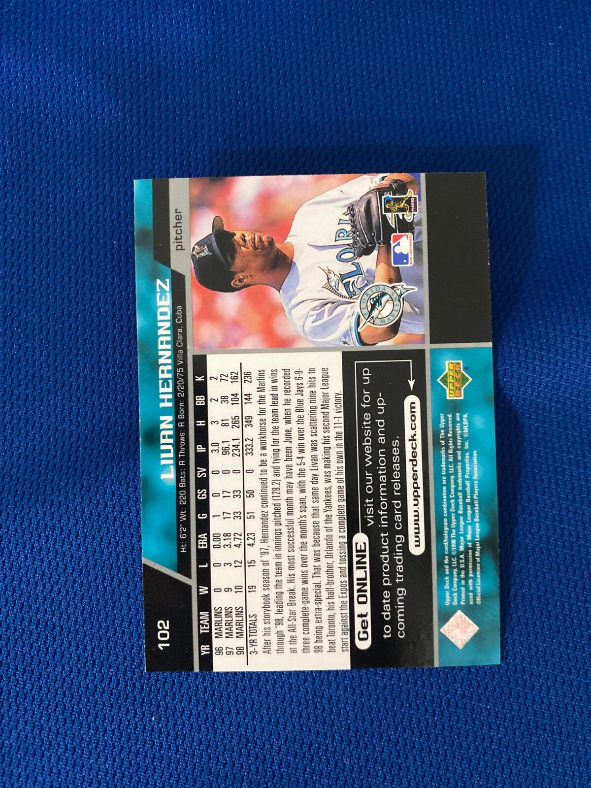 1998 UPPER DECK LIVAN HERNANDEZ FL MARLINS AUTOGRAPHED SIGNED CARD #102 W/COA