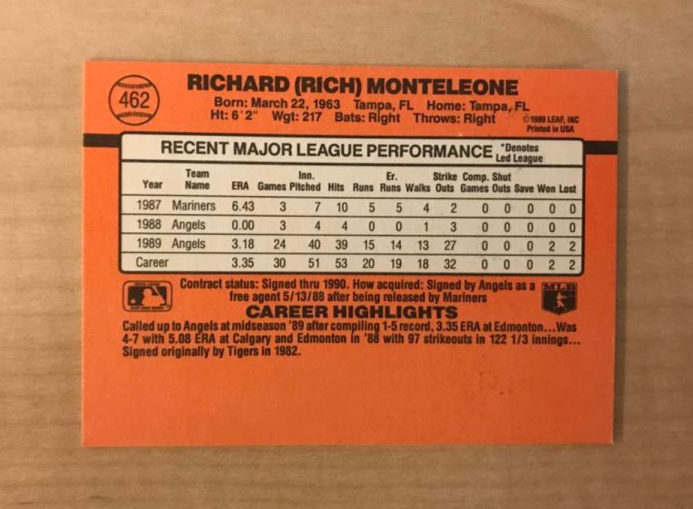 RICH MONTELEONE LOS ANGELES ANGELS SIGNED 1990 DONRUSS CARD #462 W/COA