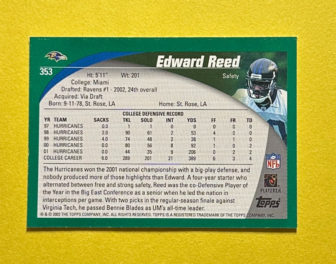 2002 TOPPS ED REED ROOKIE CARD #353 RAVENS