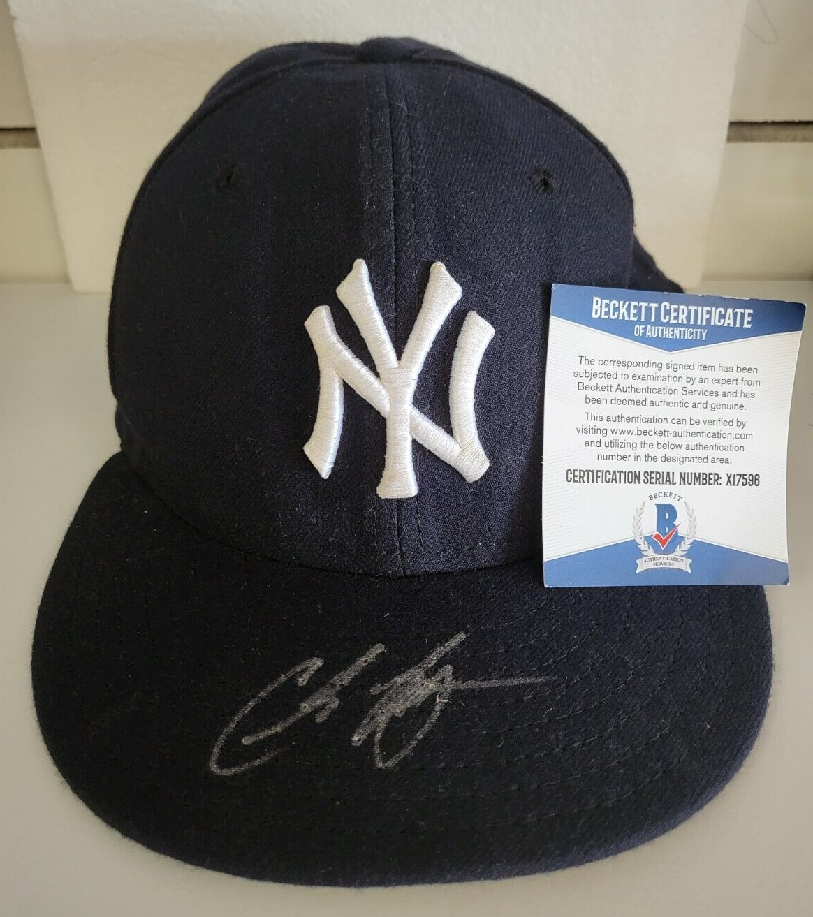 CHRIS BRITTON NEW YORK YANKEES SIGNED AUTOGRAPHED GAME USED HAT BECKETT COA