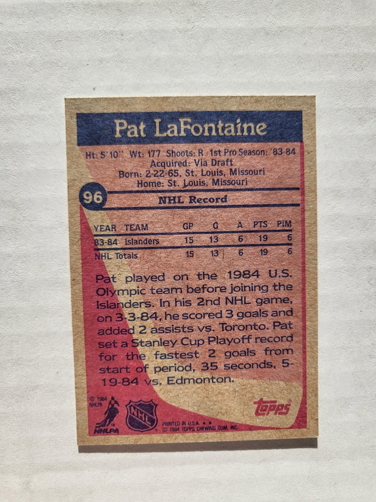 1984 TOPPS PAT LAFONTAINE ISLANDERS ROOKIE RC #96 HOCKEY CARD VINTAGE *