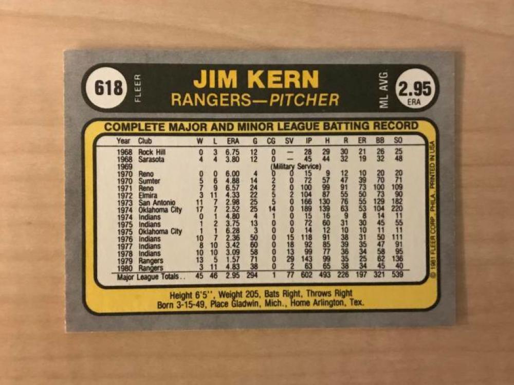 JIM KERN TEXAS RANGERS SIGNED AUTOGRAPHED 1981 FLEER CARD #618 W/COA