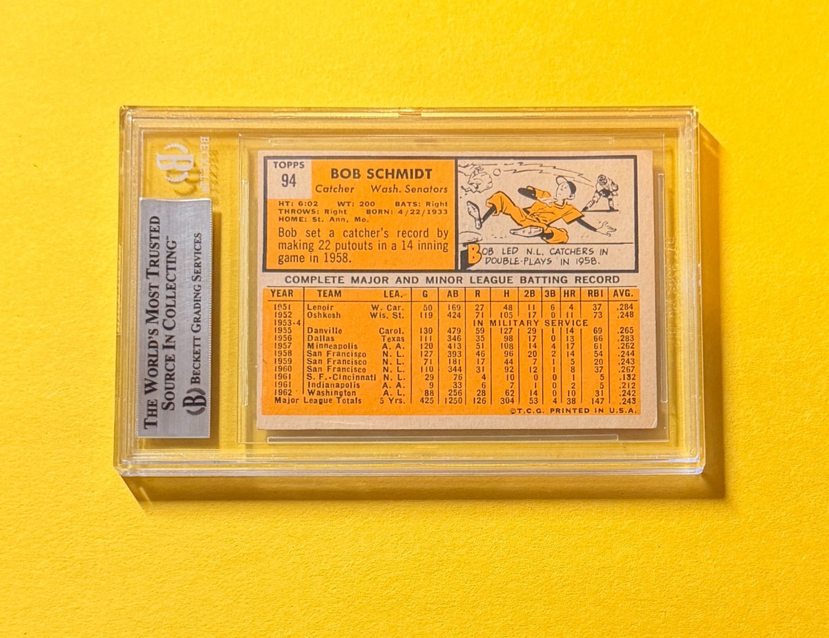 1963 TOPPS BOB SCHMIDT #94 SIGNED AUTO CARD BECKETT AUTHENTIC SENATORS