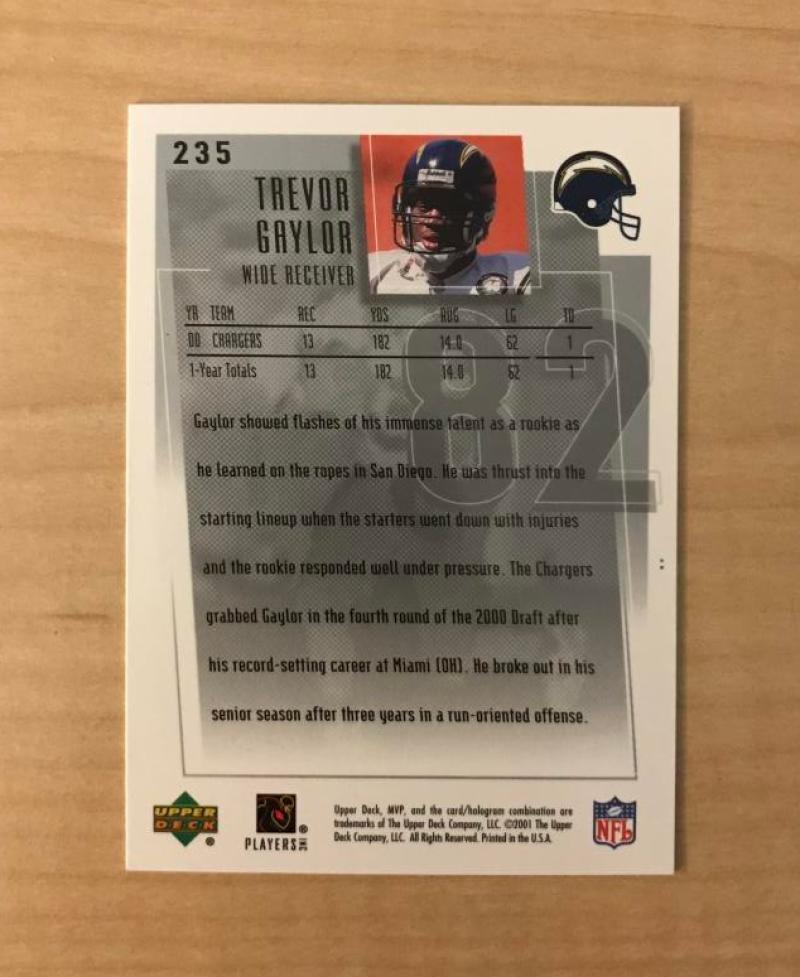 TREVOR GAYLOR SAN DIEGO CHARGERS AUTOGRAPHED 2001 UPPER DECK CARD #235 W/COA 