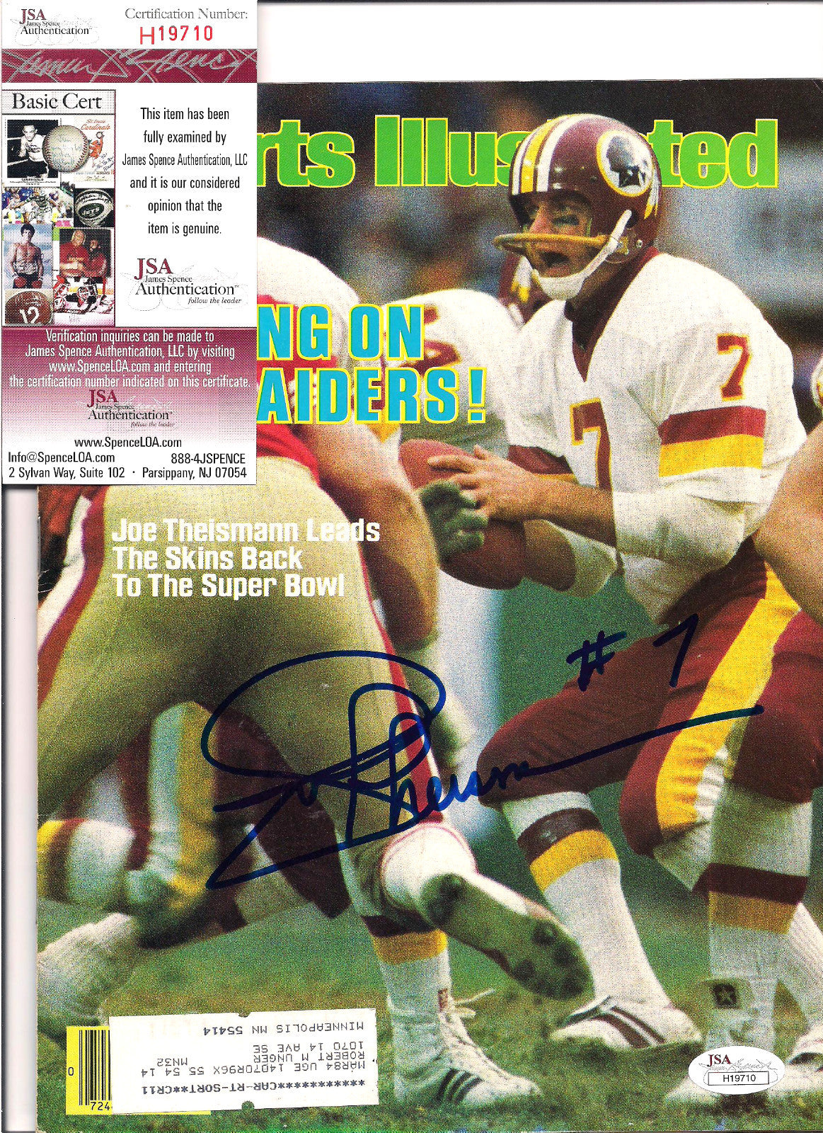 JOE THEISMANN SIGNED AUTOGRAPHED SPORTS ILLUSTRATED W/JSA CERT.