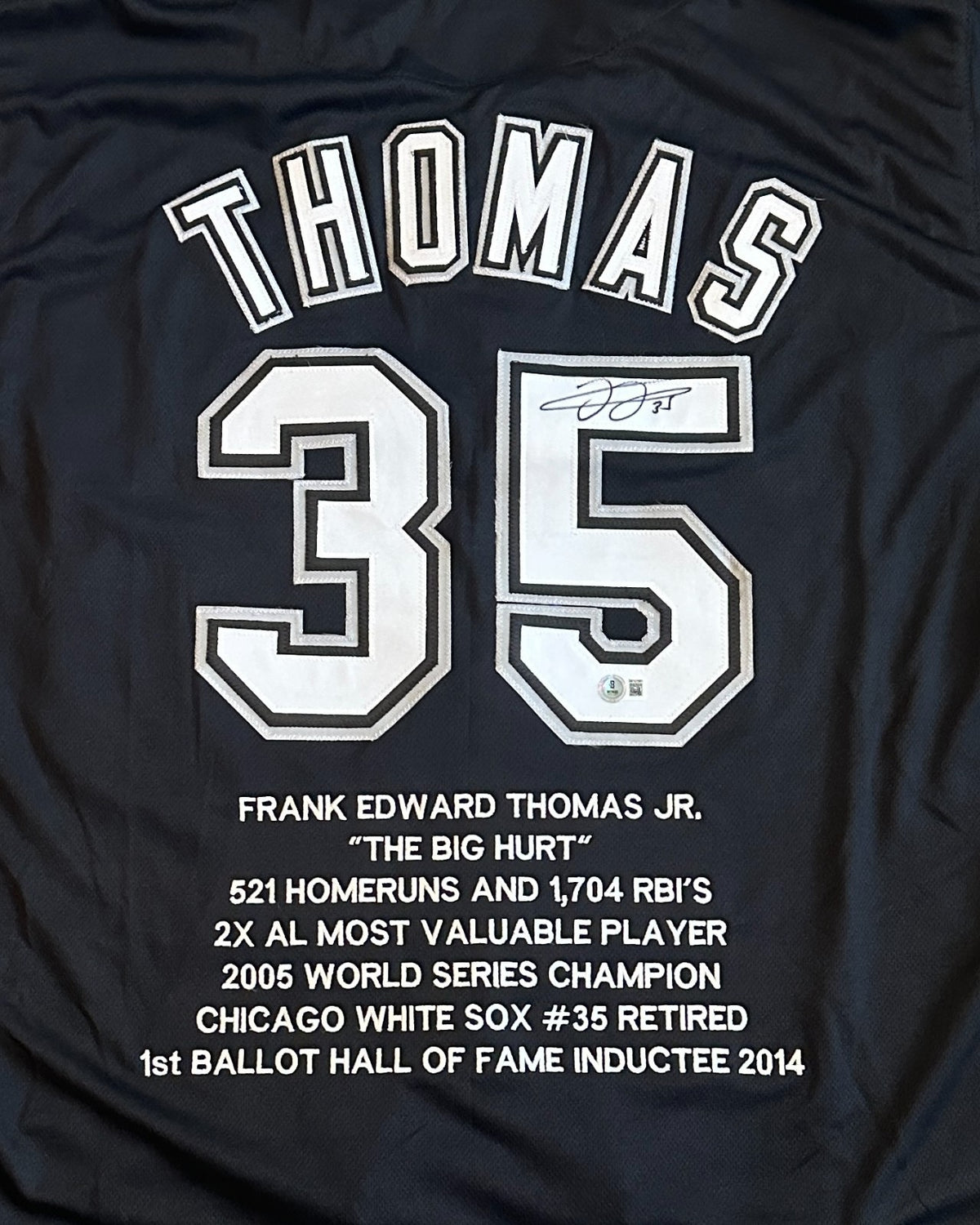 FRANK THOMAS WHITE SOX SIGNED AUTO STATISTIC BLACK STITCHED JERSEY SZ XL BECKETT