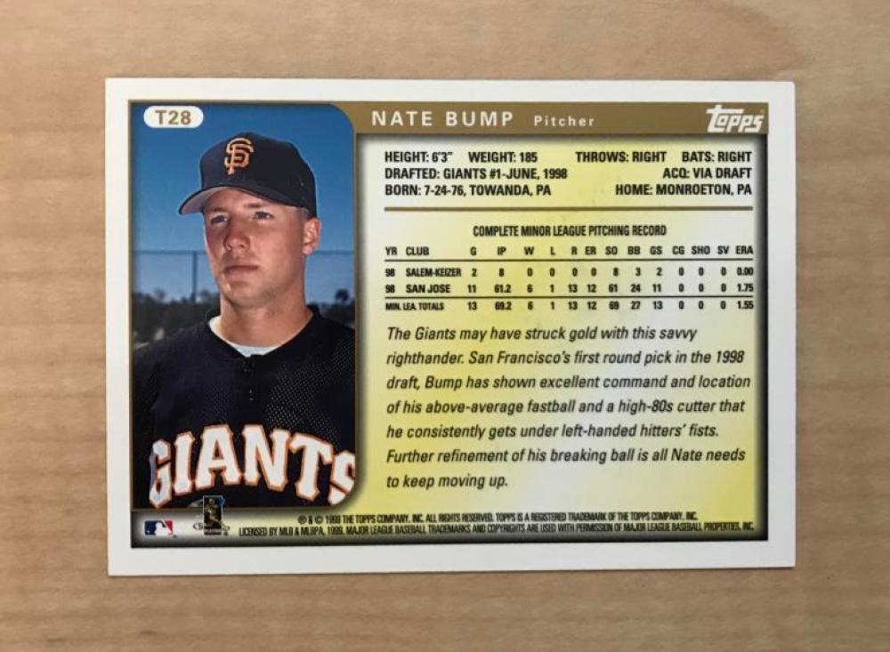 NATE BUMP SAN FRANCISCO GIANTS SIGNED AUTOGRAPHED 1999 TOPPS CARD #T28 W/COA 