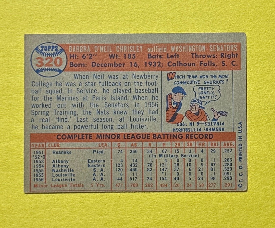 1957 TOPPS NEIL CHRISLEY #320 SENATORS