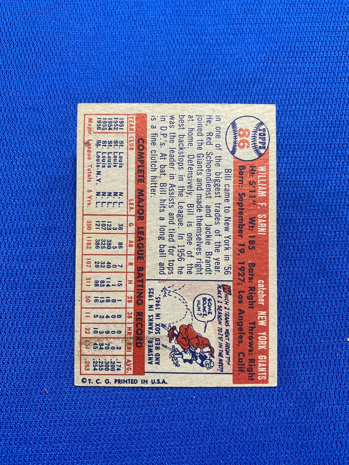 1957 TOPPS BILL SARNI NEW YORK GIANTS #86 CARD VINTAGE SET-BREAK