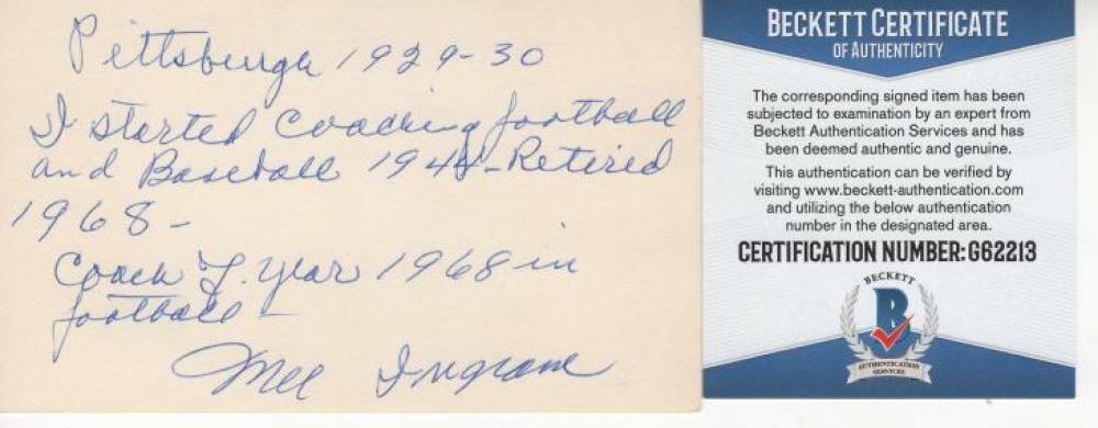 MEL INGRAM PITTSBURGH PIRATES SIGNED 3X5 INDEX CARD BECKETT G62213