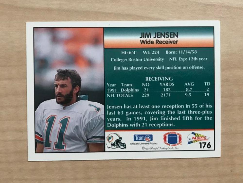 JIM JENSEN MIAMI DOLPHINS SIGNED AUTOGRAPHED 1992 PACIFIC CARD #176 W/COA