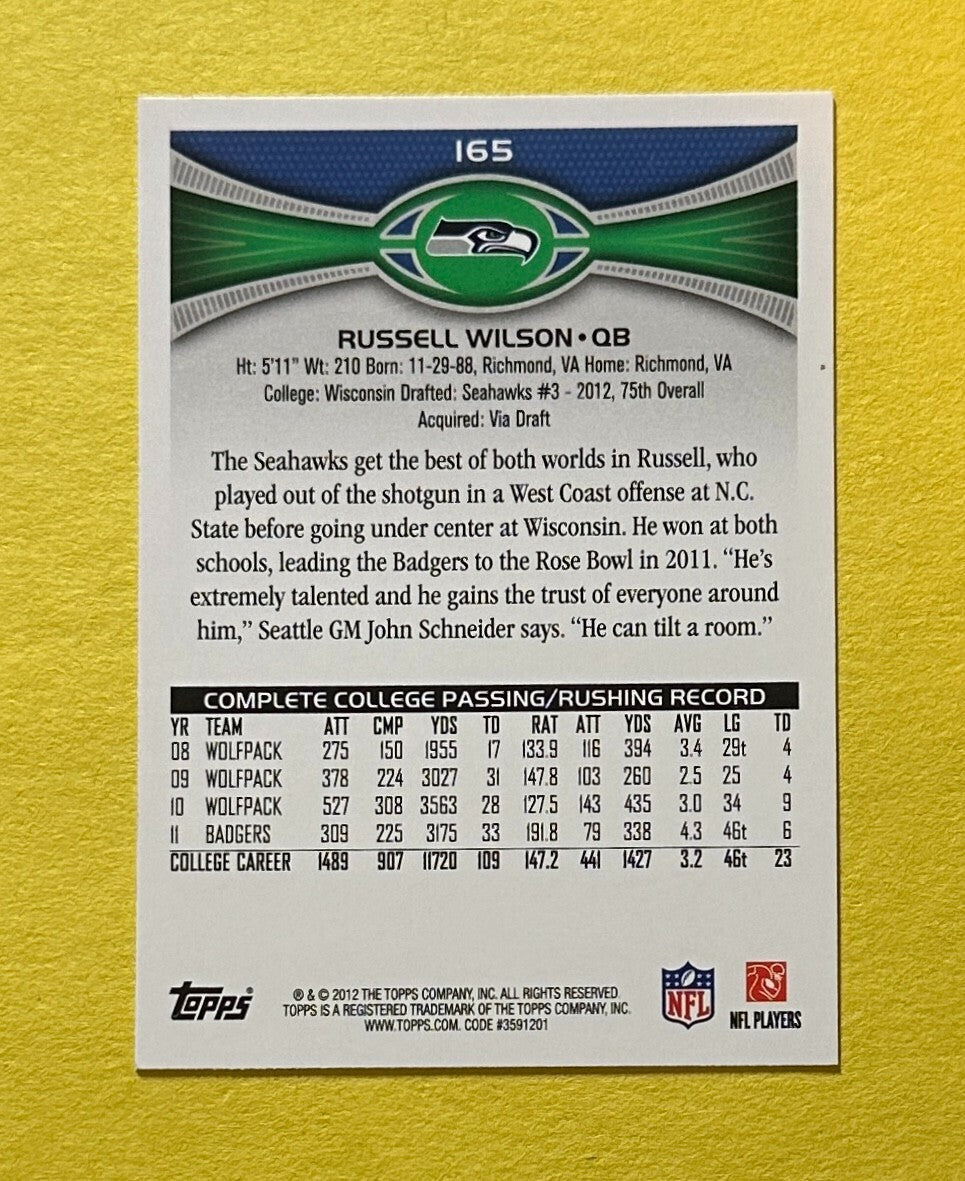 2012 TOPPS RUSSELL WILSON ROOKIE CARD #165 SEAHAWKS