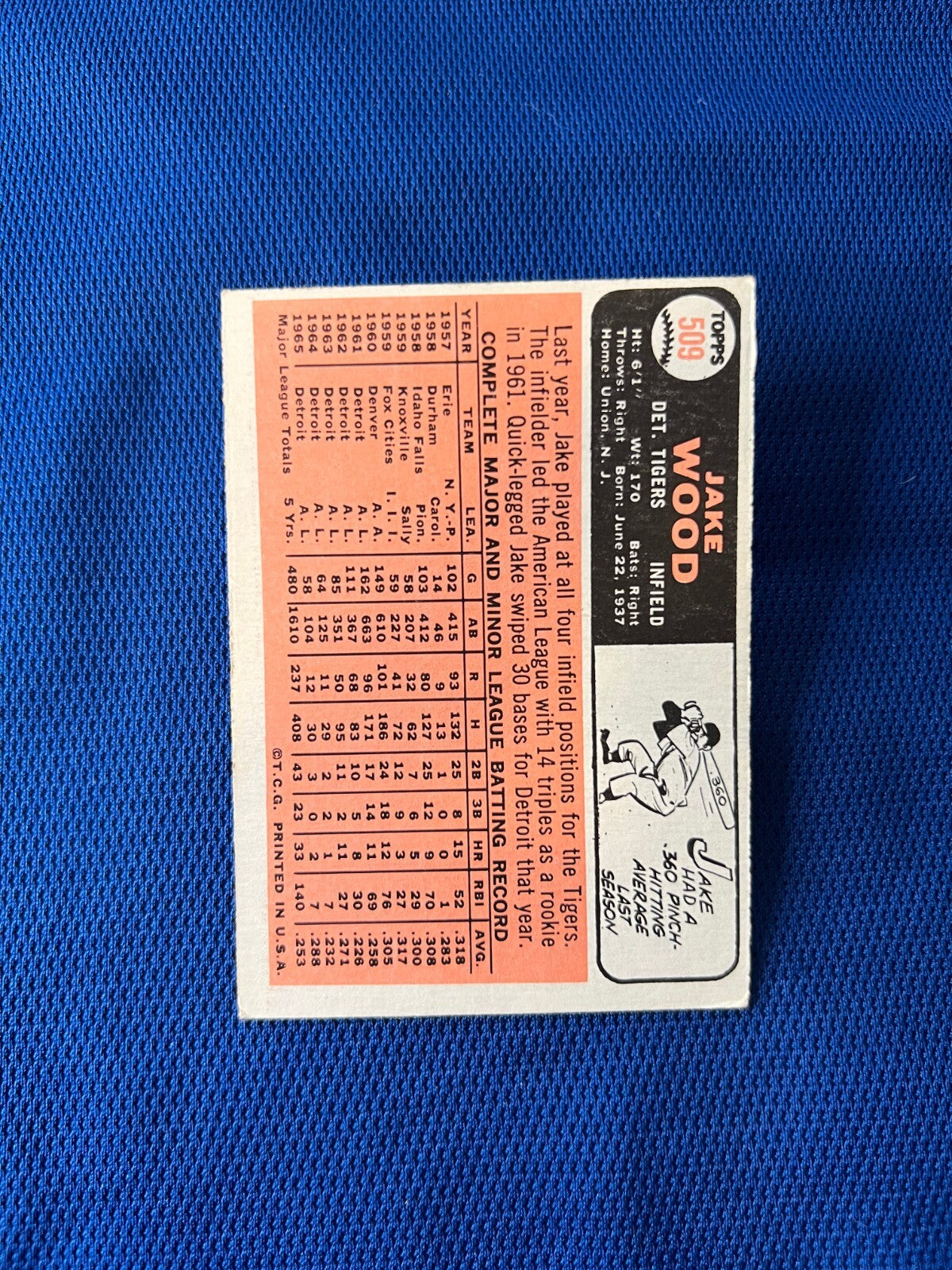 VINTAGE 1966 TOPPS JAKE WOOD DETROIT TIGERS CARD #509