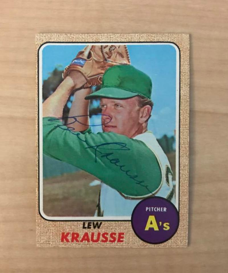 LEW KRAUSSE OAKLAND ATHLETICS VINTAGE SIGNED 1968 TOPPS CARD #458 W/COA