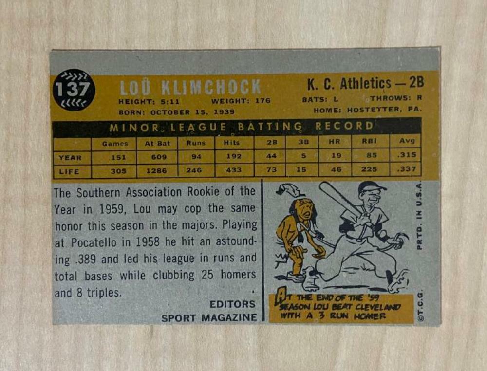 LOU KLIMCHOCK KANSAS CITY ROYALS SIGNED AUTOGRAPHED 1960 TOPPS CARD #137 W/COA 