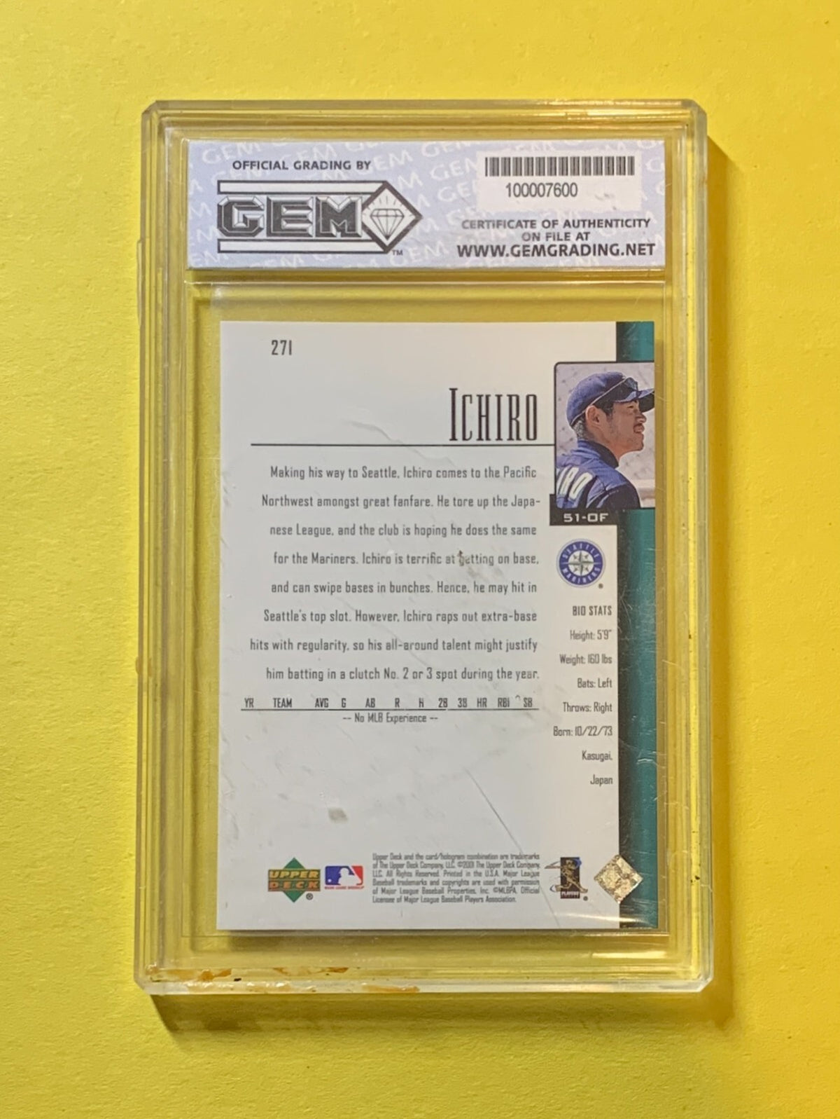 2001 UPPER DECK ICHIRO SUZUKI ROOKIE #271 GEM MINT 10