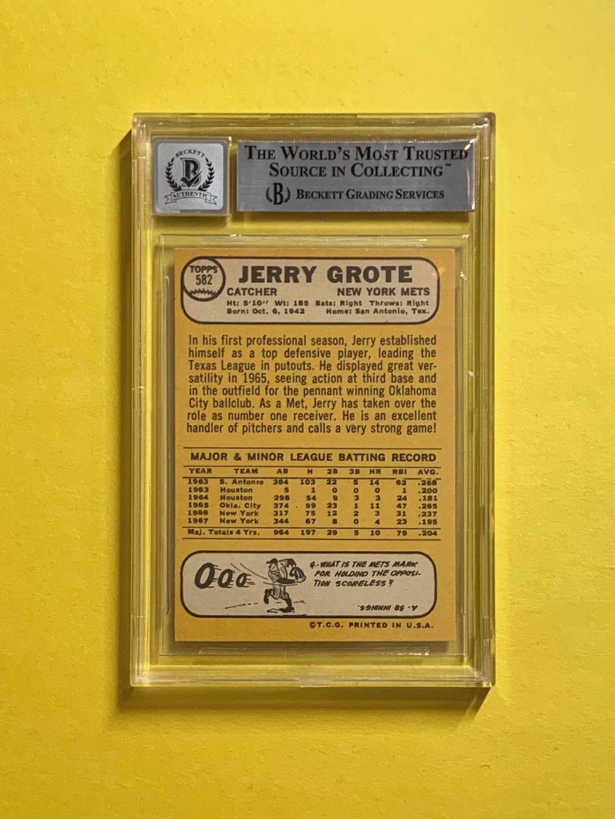 1968 TOPPS JERRY GROTE #582 SIGNED CARD BECKETT AUTH. AUTO 10 METS