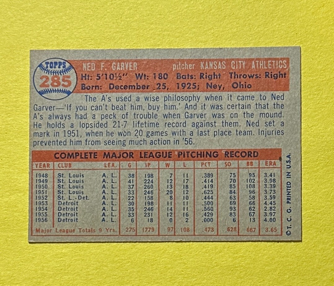 1957 TOPPS NED GARVER #285 A'S