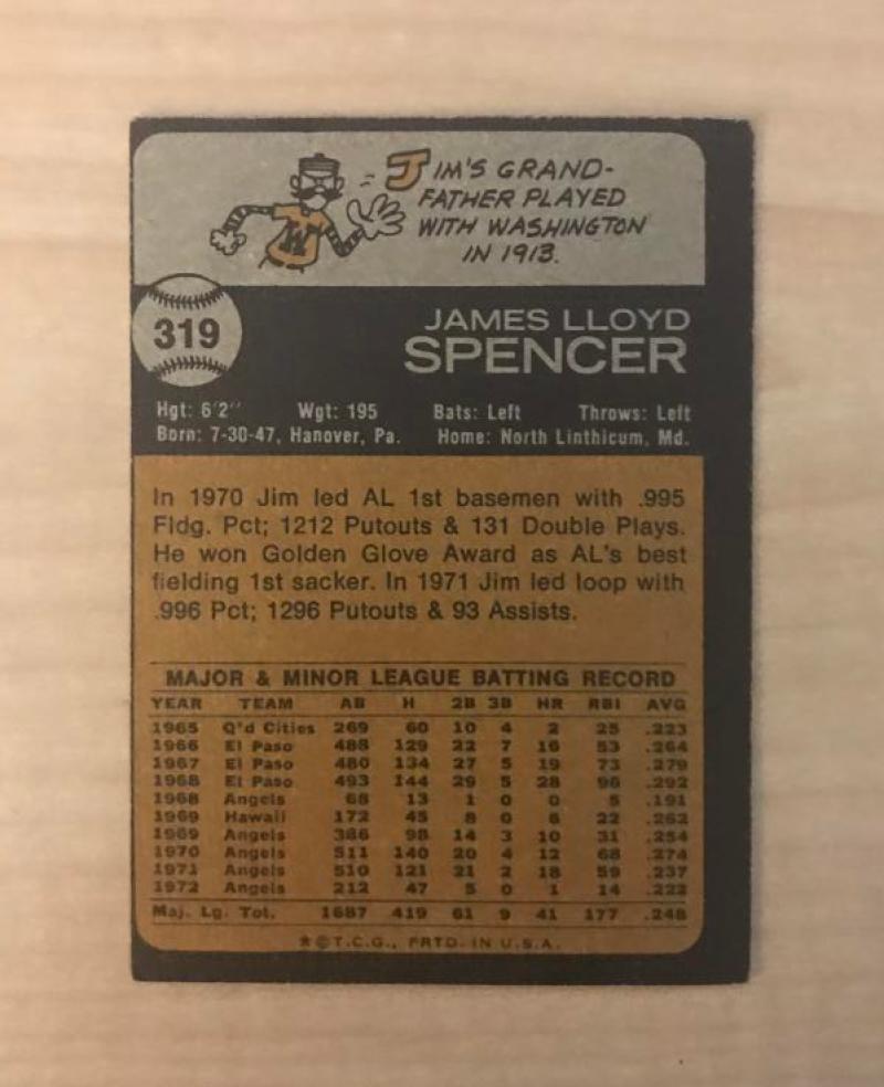 JIM SPENCER CALIFORNIA ANGELS SIGNED VINTAGE DECEASED 1973 TOPPS CARD #319 W/COA