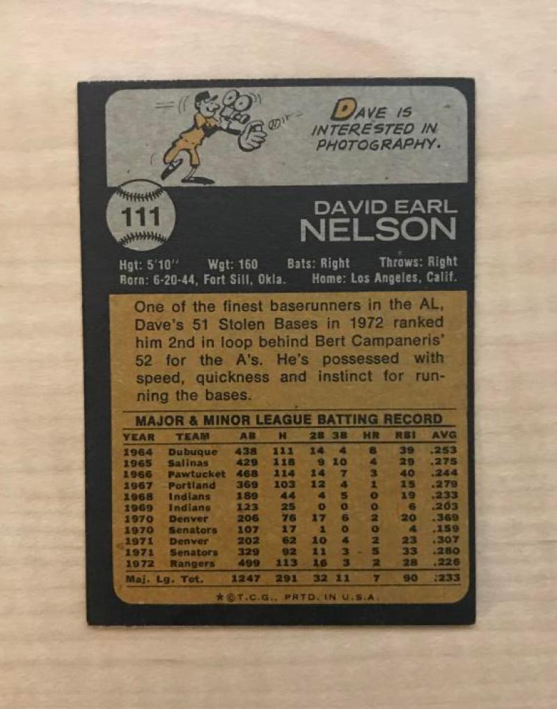 DAVE NELSON TEXAS RANGERS SIGNED VINTAGE DECEASED 1973 TOPPS CARD #111 W//COA 