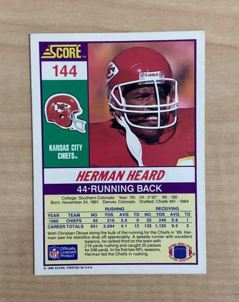 HERMAN HEARD KANSAS CITY CHIEFS SIGNED AUTOGRAPHED 1990 SCORE CARD #144 W/COA
