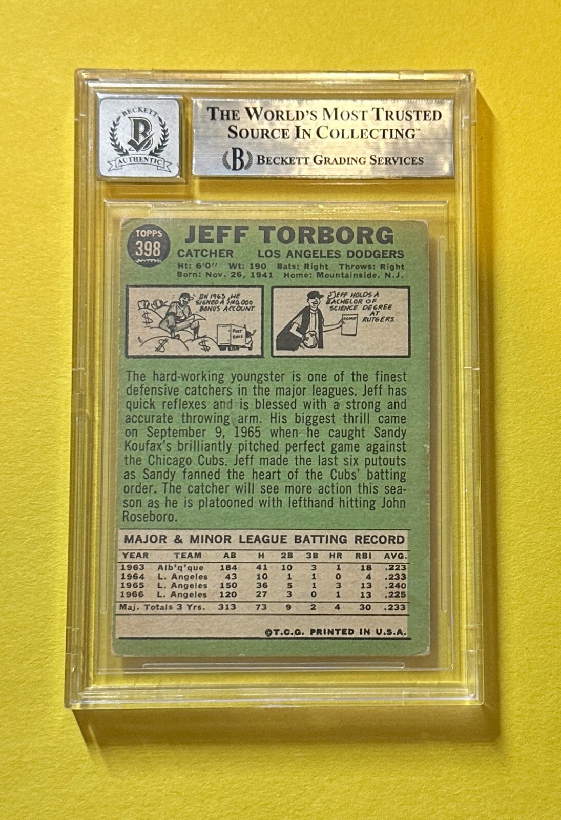 1967 TOPPS JEFF TORBORG #398 SIGNED AUTOGRAPHED CARD BECKETT AUTH 10 DODGERS