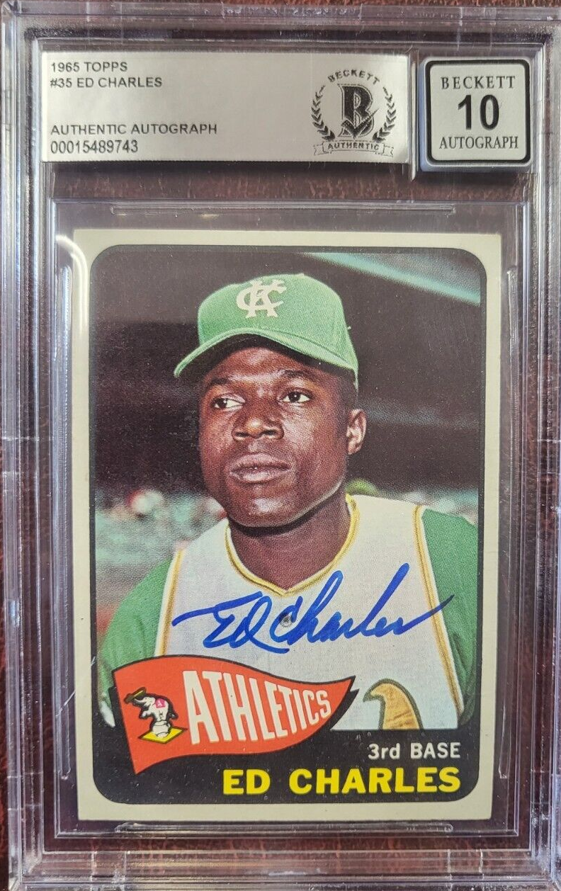 1965 TOPPS ED CHARLES ATHLETICS SIGNED AUTOGRAPH #35 CARD BECKETT 10 AUTO