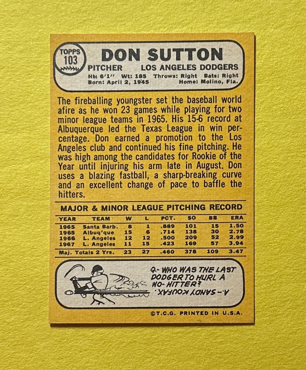 1968 TOPPS DON SUTTON #103 DODGERS HOF