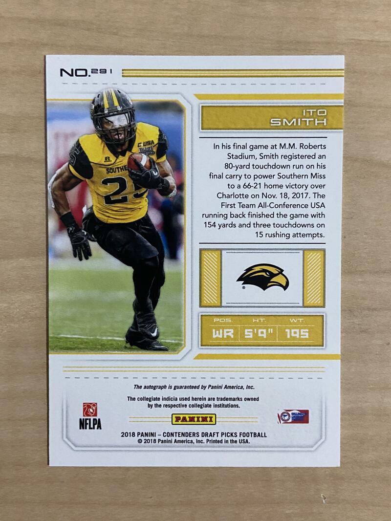 ITO SMITH SOUTHERN MISSISSIPPI SIGNED AUTOGRAPHED 2018 CONTENDERS RC CARD #291 