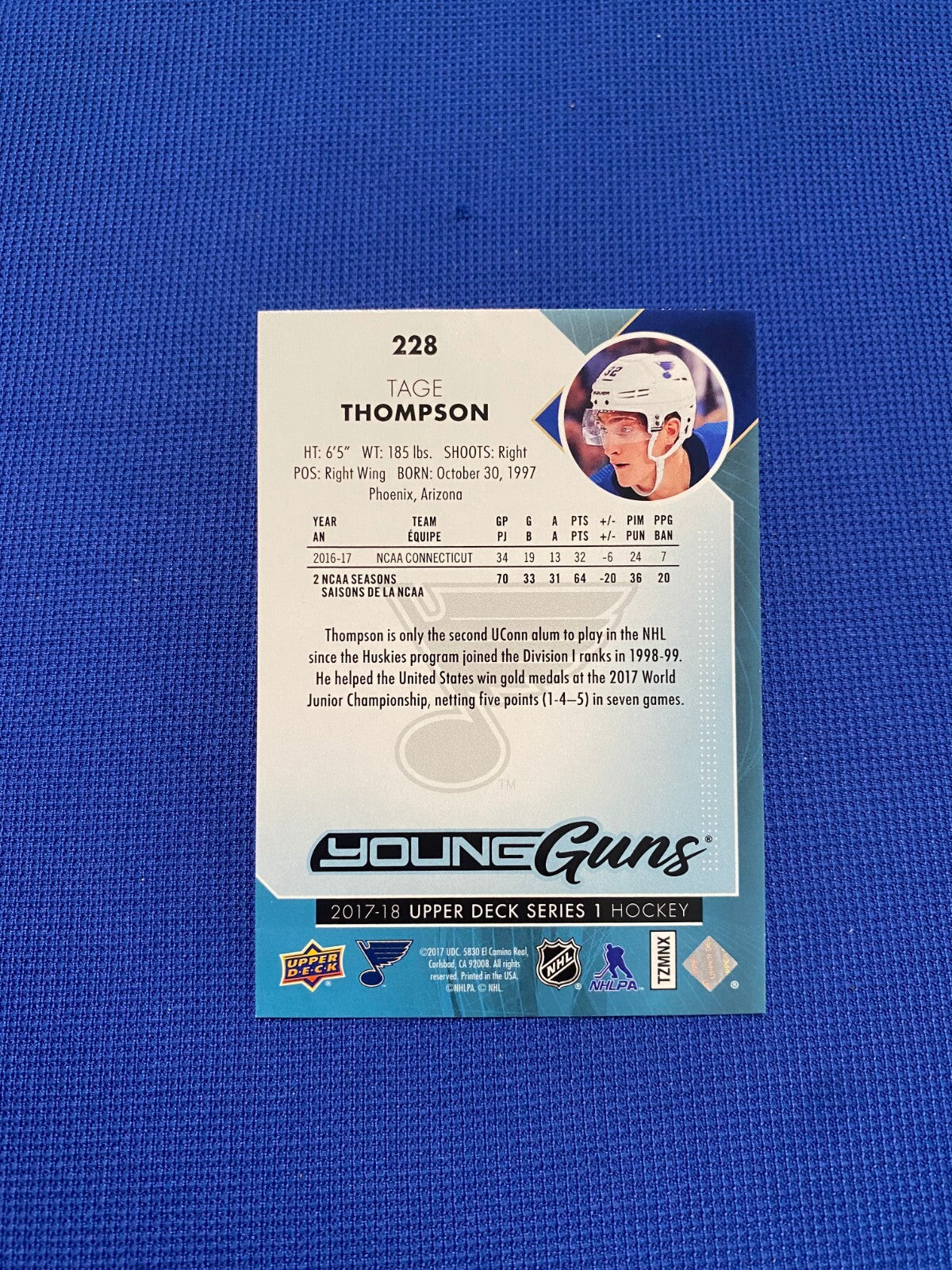 2017 UPPER DECK TAGE THOMPSON STL BLUES YOUNG GUNS ROOKIE RC CARD #228