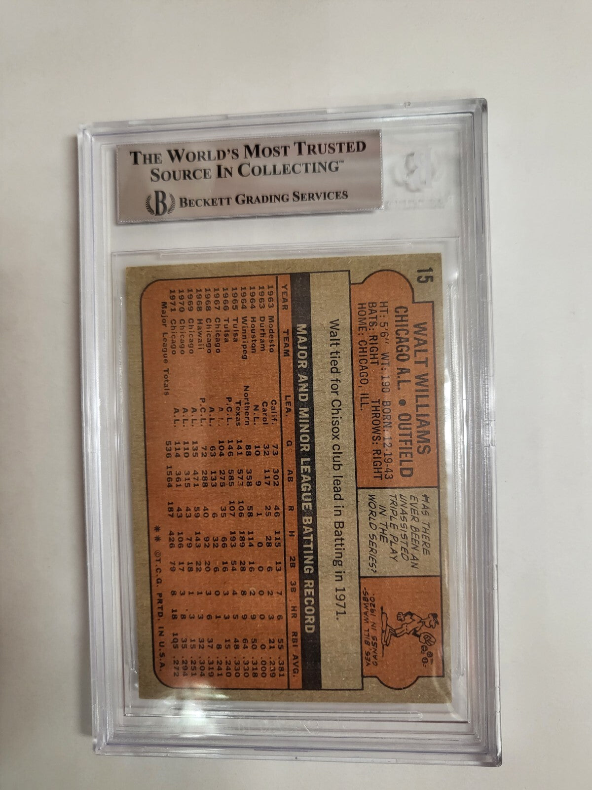 1972 TOPPS WALT WILLIAMS WHITE SOX #15 AUTO SIGNED CARD BECKETT AUTHENTIC