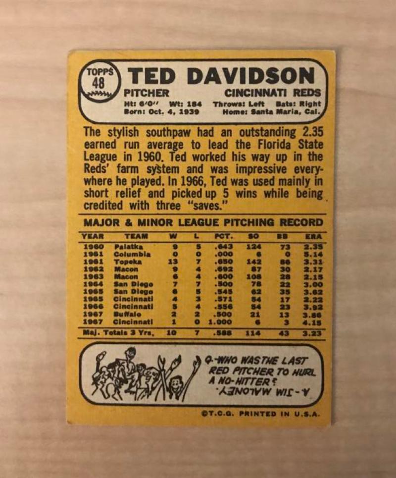 TED DAVIDSON CINCINNATI REDS SIGNED DECEASED 1968 TOPPS CARD #48 W/COA