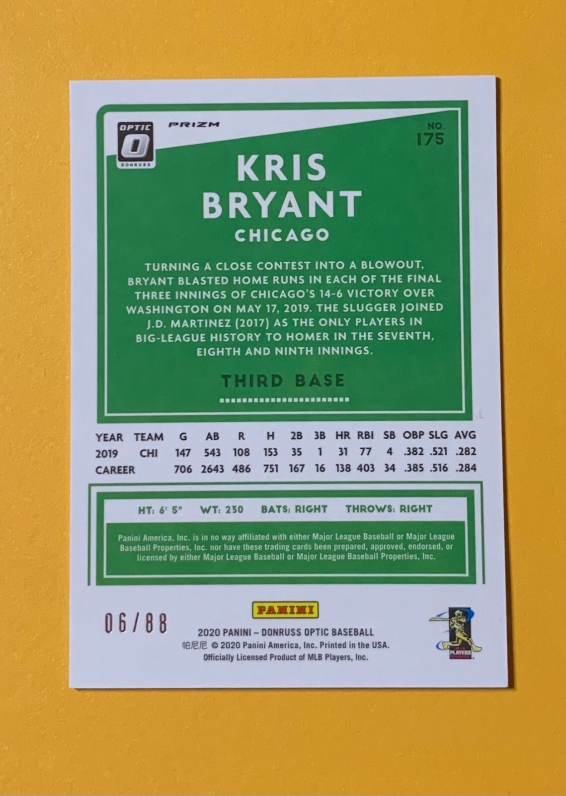 2020 PANINI OPTIC BASEBALL CHOICE KRIS BRYANT RED DRAGON PRIZM /88 #175 CUBS