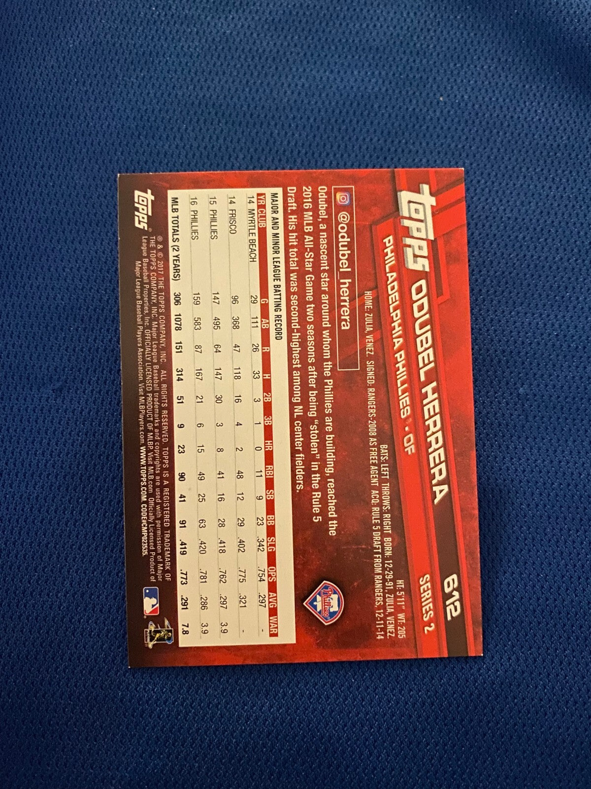 2017 TOPPS ODUBEL HERRERA PHILLIES AUTOGRAPHED SIGNED CARD #612 W/COA