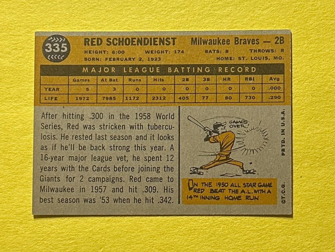 1960 TOPPS RED SCHOENDIENST #335 BRAVES HOF
