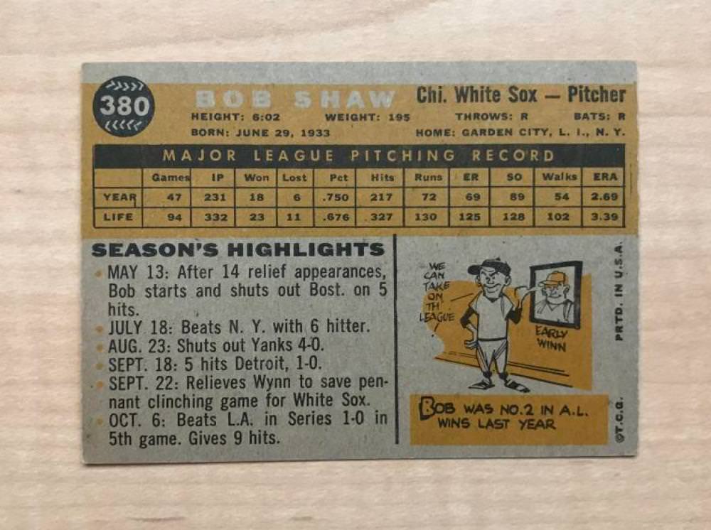 BOB SHAW CHICAGO WHITE SOX SIGNED DECEASED 1960 TOPPS CARD #380 W/COA