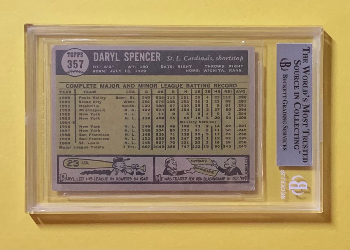 1961 TOPPS DARYL SPENCER #357 AUTHENTIC AUTO BECKETT CERTIFIED CARDINALS