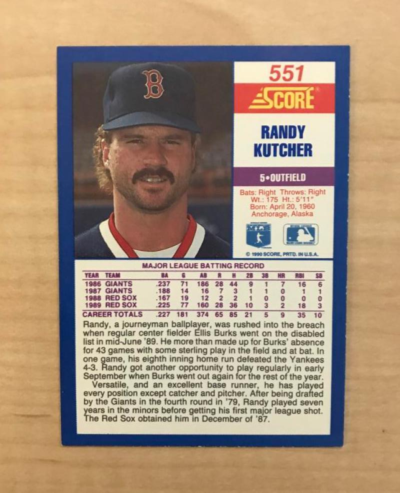 RANDY KUTCHER BOSTON RED SOX SIGNED AUTOGRAPHED 1990 SCORE CARD #551 W/COA